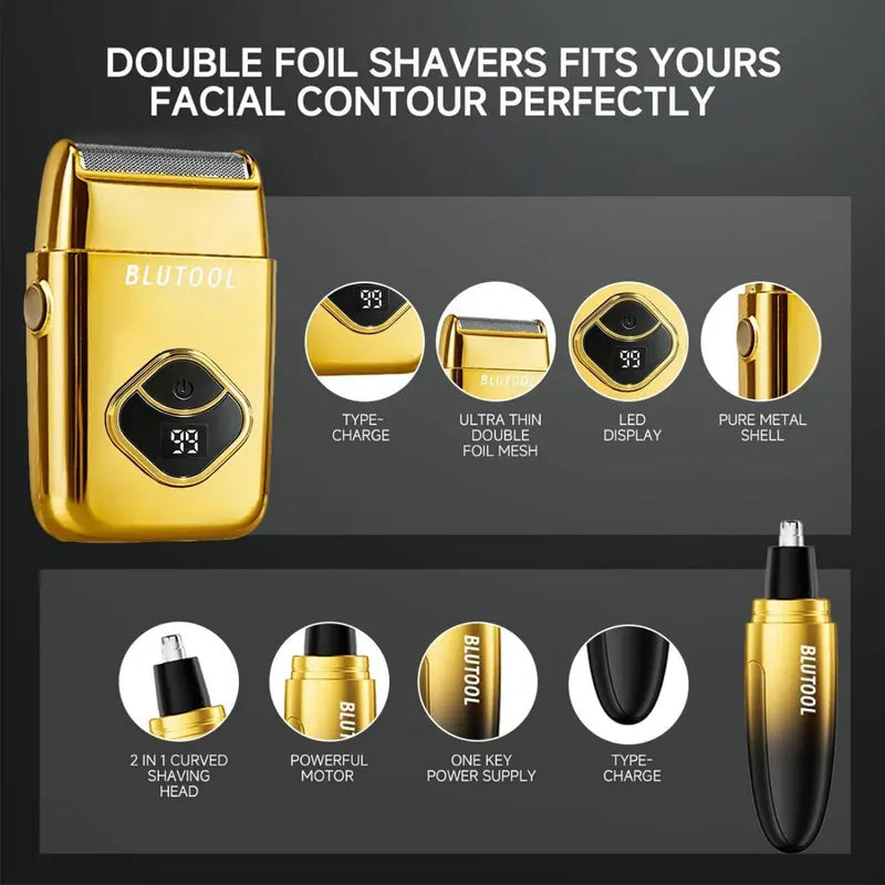 Men's 4-Piece Gold and Black Grooming Set - USB Rechargeable Clipper, Trimmer, Shaver, Comb, Storage Case, and Cleaning Brush - Perfect Christmas Gift for Him