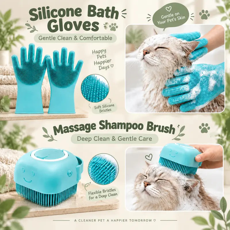 Cat 5-Piece Bath & Trim Grooming Kit - Deshedding Brush, Nail Clipper, Silicone Parts, Massage Shampoo Brush, Anti-Bite Bath Bag, Universal Fit Fur Control Pet Care Set
