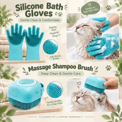 Cat 5-Piece Bath & Trim Grooming Kit - Deshedding Brush, Nail Clipper, Silicone Parts, Massage Shampoo Brush, Anti-Bite Bath Bag, Universal Fit Fur Control Pet Care Set