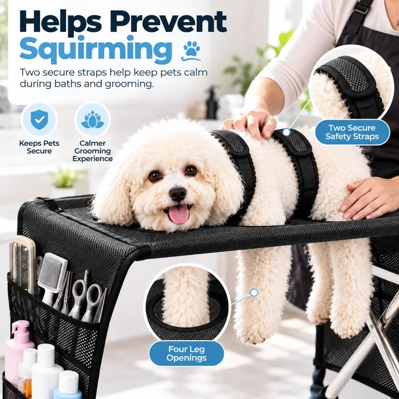 Portable Folding Pet Grooming Table with Safety Restraint Straps & Side Storage Pocket, Raised Dog Bathing Station for Small Dogs and Cats, Foldable Pet Grooming Stand for Home Bath & Brushing