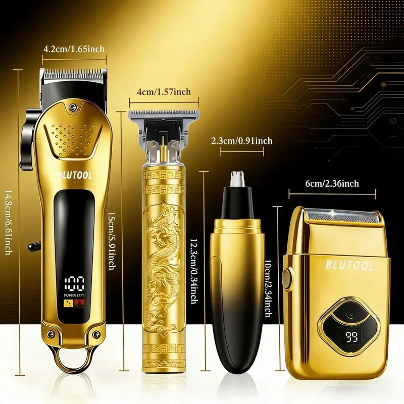 Men's 4-Piece Gold and Black Grooming Set - USB Rechargeable Clipper, Trimmer, Shaver, Comb, Storage Case, and Cleaning Brush - Perfect Christmas Gift for Him