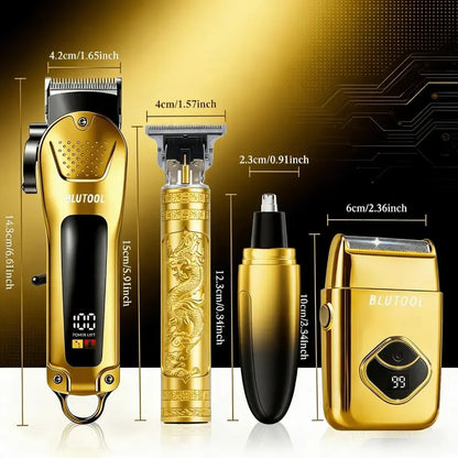 Men's 4-Piece Gold and Black Grooming Set - USB Rechargeable Clipper, Trimmer, Shaver, Comb, Storage Case, and Cleaning Brush - Perfect Christmas Gift for Him