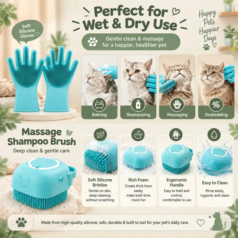 Cat 5-Piece Bath & Trim Grooming Kit - Deshedding Brush, Nail Clipper, Silicone Parts, Massage Shampoo Brush, Anti-Bite Bath Bag, Universal Fit Fur Control Pet Care Set