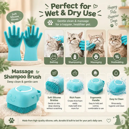 Cat 5-Piece Bath & Trim Grooming Kit - Deshedding Brush, Nail Clipper, Silicone Parts, Massage Shampoo Brush, Anti-Bite Bath Bag, Universal Fit Fur Control Pet Care Set
