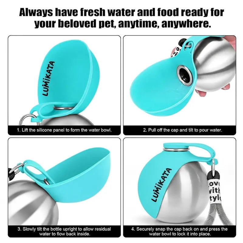 Lumikata 2-In-1 Portable Dog Water Bottle - 10Oz Stainless Steel, Silicone Foldable Bowl Mode, Leak-Proof Water Ball, Small Dog Walking & Pet Feeding Supplies