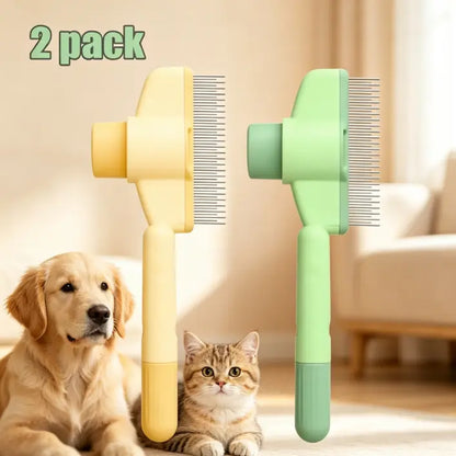 Dog & Cat 2-Pack Deshedding Brush Set - 1-Click Self-Cleaning Grooming Tool, Stainless Steel Comb, Ergo Grip, Fur Detangler, Universal Fur Remover, Loose Hair Collector