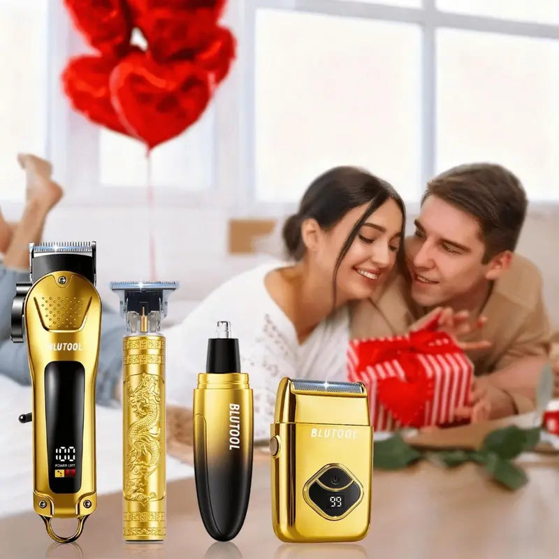 Men's 4-Piece Gold and Black Grooming Set - USB Rechargeable Clipper, Trimmer, Shaver, Comb, Storage Case, and Cleaning Brush - Perfect Christmas Gift for Him